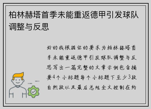 柏林赫塔首季未能重返德甲引发球队调整与反思